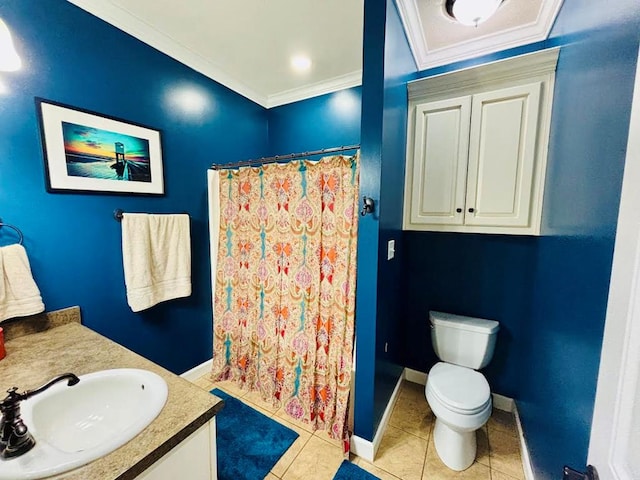 full bathroom with tile patterned flooring, baseboards, toilet, a shower with shower curtain, and ornamental molding