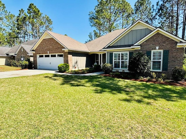 view of front of property with brick siding, board and batten siding, concrete driveway, and a front yard