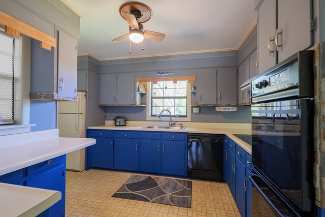 kitchen with black appliances, crown molding, sink, ceiling fan, and blue cabinetry