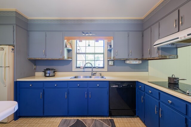 kitchen featuring black appliances, crown molding, blue cabinetry, and sink