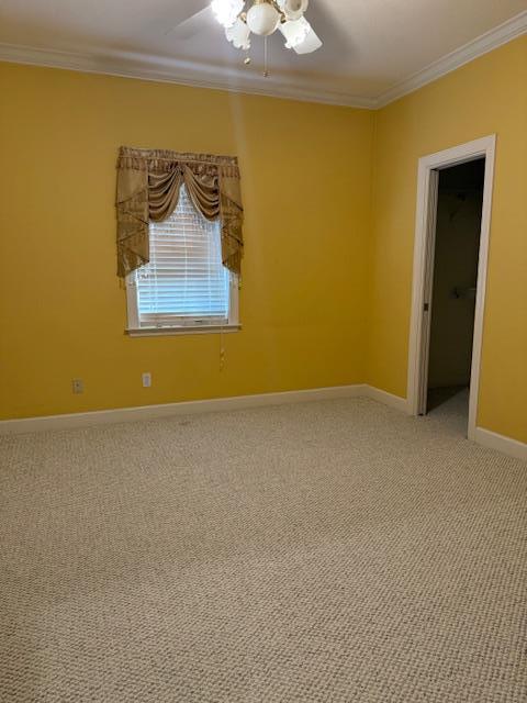 spare room featuring ceiling fan, carpet flooring, baseboards, and ornamental molding