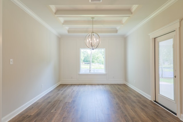 empty room with beamed ceiling, a notable chandelier, dark hardwood / wood-style flooring, and ornamental molding