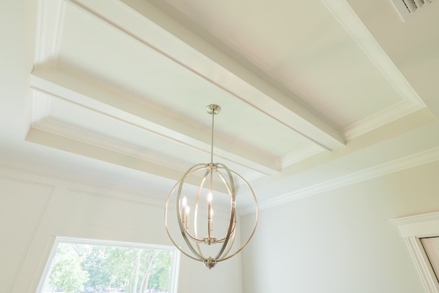 room details featuring a chandelier, beam ceiling, and ornamental molding