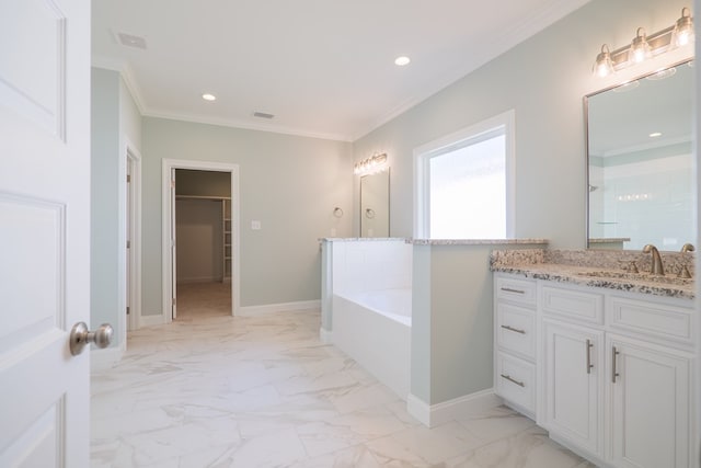 bathroom featuring separate shower and tub, vanity, and ornamental molding