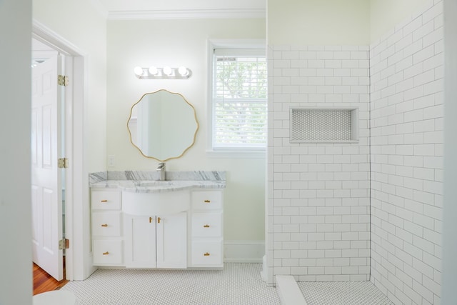 200 E College St, Valdosta, GA 31602 - bathroom with crown molding, vanity, tile patterned flooring, and a shower stall