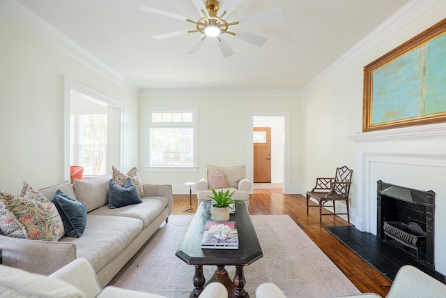 200 E College St, Valdosta, GA 31602 - living area with crown molding, a ceiling fan, wood finished floors, and a fireplace