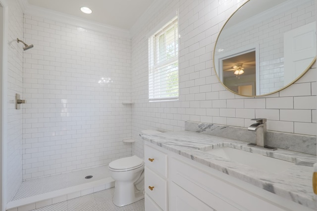 200 E College St, Valdosta, GA 31602 - bathroom with tile patterned flooring, ornamental molding, toilet, tile walls, and a shower stall