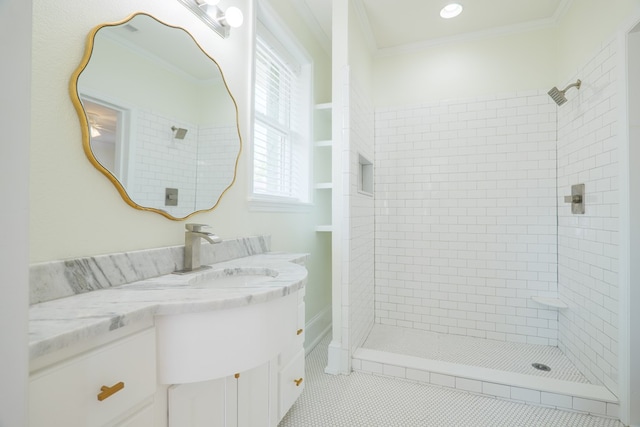 200 E College St, Valdosta, GA 31602 - full bath featuring crown molding, a tile shower, tile patterned flooring, and vanity