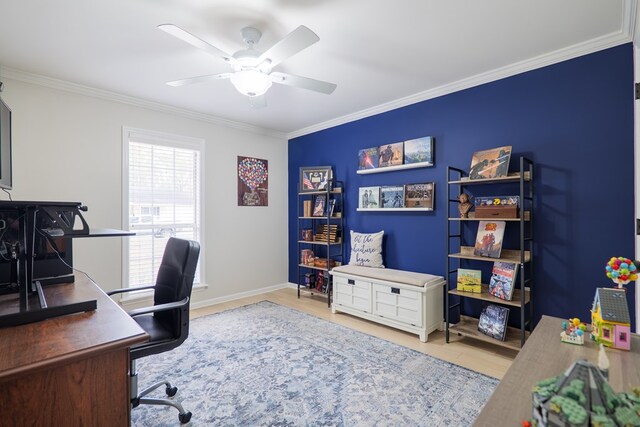 office area with wood finished floors, a ceiling fan, baseboards, and ornamental molding