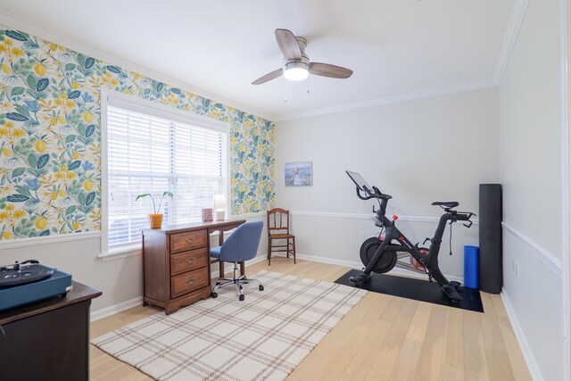 office featuring baseboards, light wood-style floors, ceiling fan, and ornamental molding