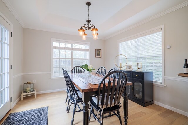 dining room featuring a raised ceiling, a healthy amount of sunlight, a chandelier, and light wood finished floors