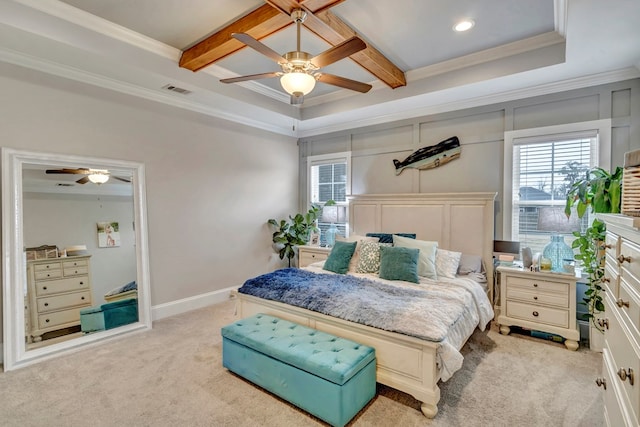 bedroom featuring beamed ceiling, ornamental molding, multiple windows, and light colored carpet