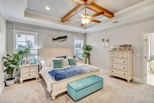 bedroom with light carpet, baseboards, visible vents, coffered ceiling, and beam ceiling