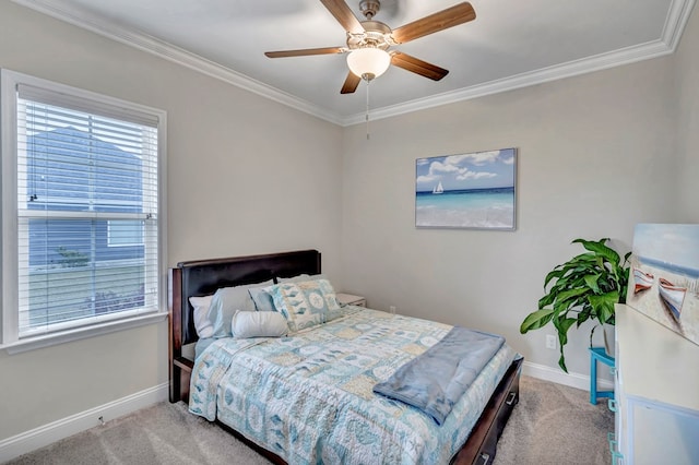 bedroom featuring baseboards, ornamental molding, and light colored carpet