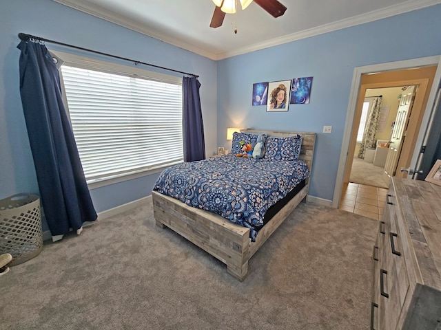3265 Summer Meadows Rd, Valdosta, GA 31601 - tiled bedroom featuring carpet floors, crown molding, baseboards, and a ceiling fan