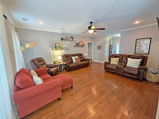 3265 Summer Meadows Rd, Valdosta, GA 31601 - living room featuring a ceiling fan, wood finished floors, ornamental molding, recessed lighting, and baseboards
