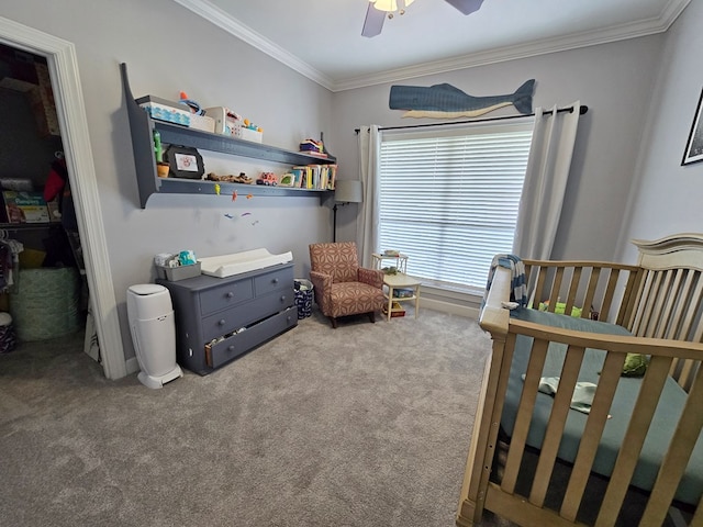 3265 Summer Meadows Rd, Valdosta, GA 31601 - bedroom with a crib, carpet flooring, crown molding, and a ceiling fan