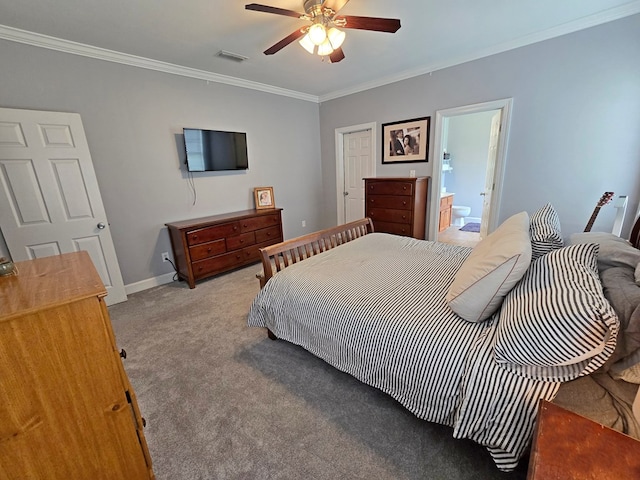3265 Summer Meadows Rd, Valdosta, GA 31601 - carpeted bedroom with crown molding, baseboards, a ceiling fan, and connected bathroom