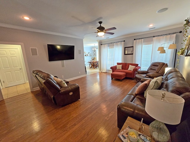 3265 Summer Meadows Rd, Valdosta, GA 31601 - living area with ornamental molding, ceiling fan, wood-type flooring, baseboards, and recessed lighting
