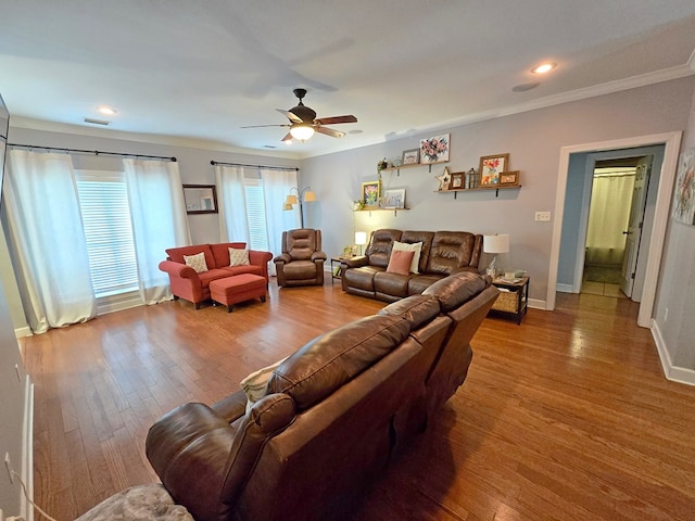 3265 Summer Meadows Rd, Valdosta, GA 31601 - living room with a ceiling fan, ornamental molding, wood finished floors, baseboards, and recessed lighting