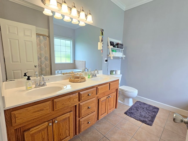 3265 Summer Meadows Rd, Valdosta, GA 31601 - bathroom with double vanity, ornamental molding, toilet, a garden tub, and tile patterned floors