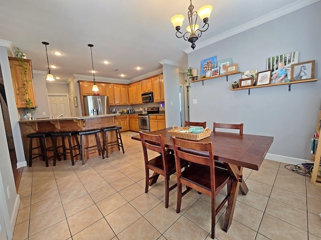 3265 Summer Meadows Rd, Valdosta, GA 31601 - dining area featuring ornamental molding, light tile patterned floors, recessed lighting, and baseboards