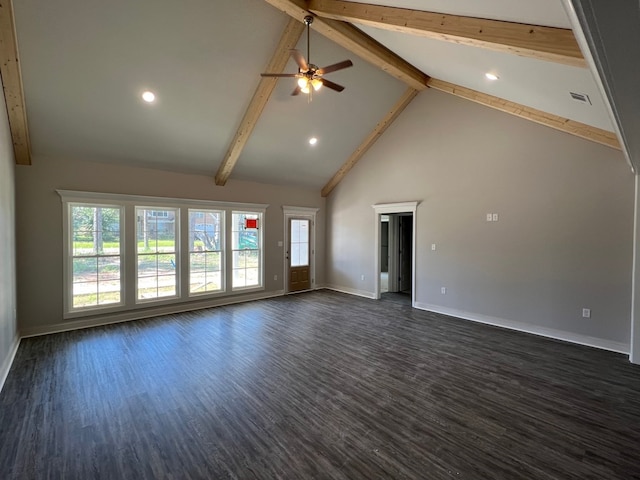 unfurnished living room with beam ceiling, ceiling fan, high vaulted ceiling, and dark hardwood / wood-style floors