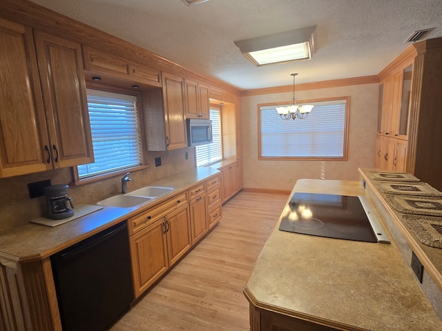 617 Ledgedale Cir, Valdosta, GA 31602 - kitchen with dishwasher, electric stovetop, light wood-style floors, a chandelier, and pendant lighting