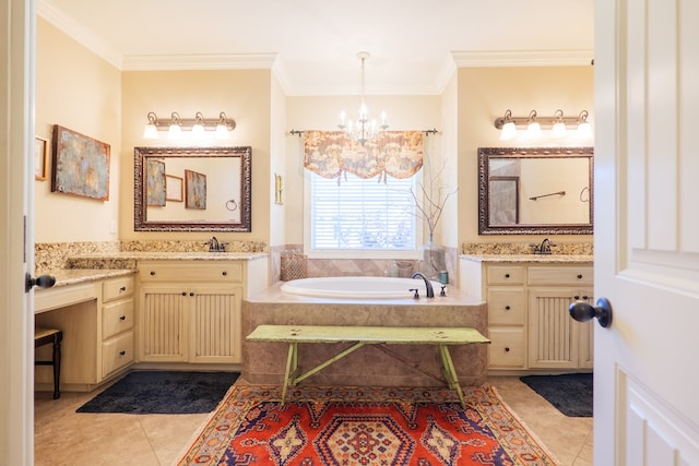 4773 Pawnee Dr, Hahira, GA 31632 - bathroom with tile patterned floors, crown molding, a chandelier, a garden tub, and two vanities