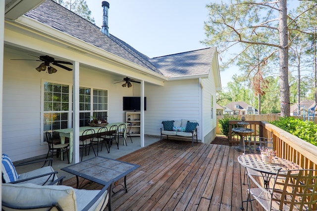4773 Pawnee Dr, Hahira, GA 31632 - deck featuring outdoor dining space, an outdoor hangout area, a ceiling fan, and fence