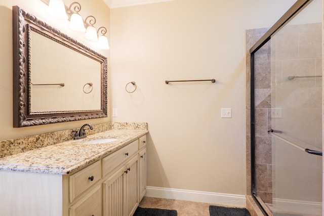 4773 Pawnee Dr, Hahira, GA 31632 - full bathroom featuring a stall shower, vanity, tile patterned flooring, and baseboards