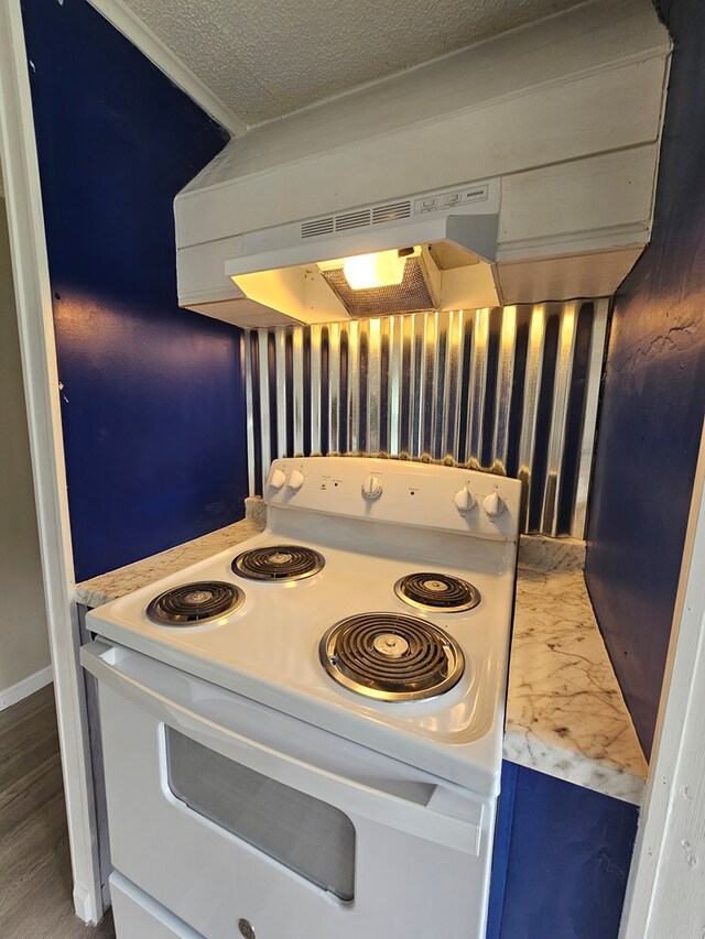 2105 N Troup St, Valdosta, GA 31602 - kitchen featuring electric range, a textured ceiling, exhaust hood, and blue cabinetry