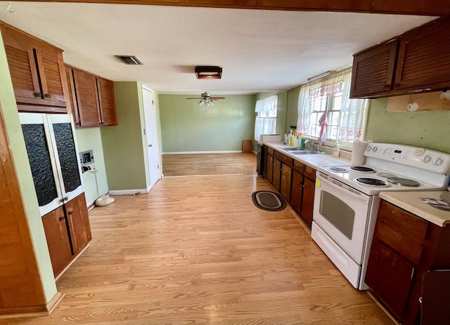 kitchen with a textured ceiling, ceiling fan, sink, electric stove, and light hardwood / wood-style flooring