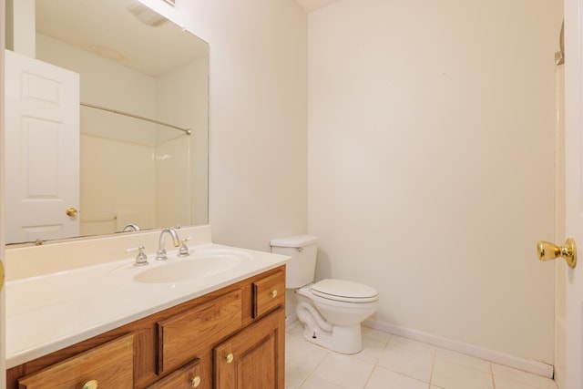 bathroom featuring tile patterned flooring, vanity, toilet, and walk in shower