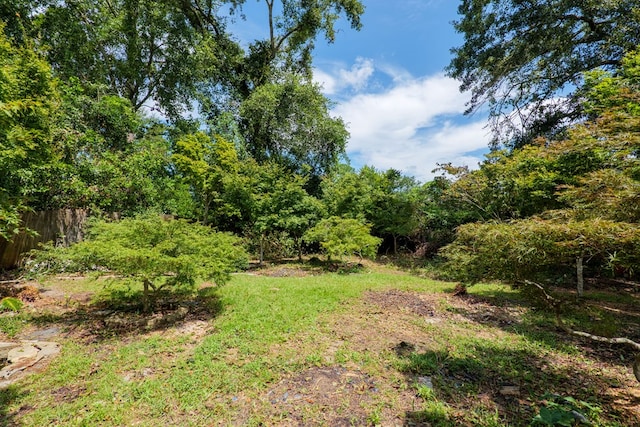 view of yard featuring fence and a view of trees