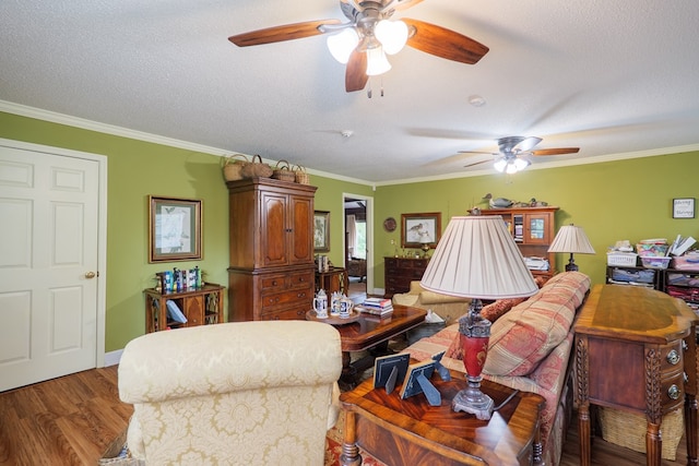 303 Breckenridge Dr, Valdosta, GA 31605 - living area with a ceiling fan, crown molding, wood finished floors, and a textured ceiling