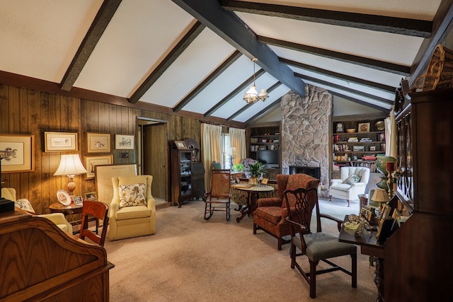 303 Breckenridge Dr, Valdosta, GA 31605 - carpeted living area with a fireplace, a chandelier, and wooden walls