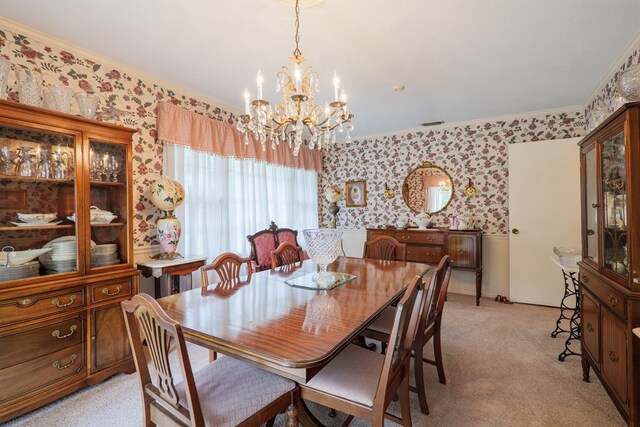 303 Breckenridge Dr, Valdosta, GA 31605 - dining room with wallpapered walls, a chandelier, light colored carpet, and crown molding