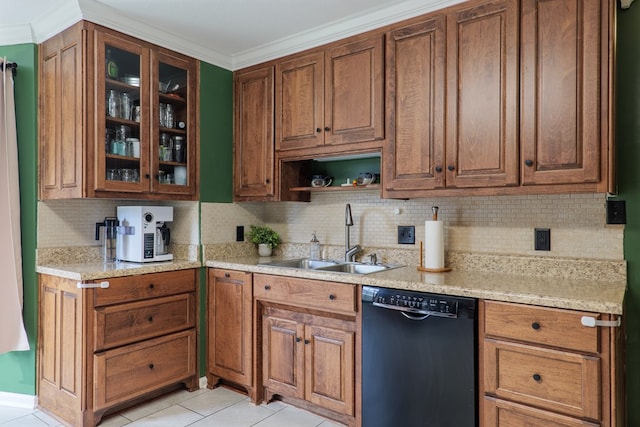 3417 Sussex Dr, Valdosta, GA 31605 - kitchen featuring black dishwasher, backsplash, glass insert cabinets, light tile patterned floors, and crown molding