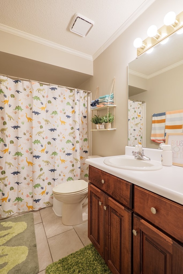 3417 Sussex Dr, Valdosta, GA 31605 - bathroom featuring vanity, tile patterned floors, crown molding, a shower with curtain, and a textured ceiling