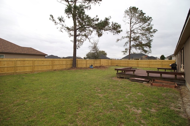 view of yard featuring a fenced backyard and a wooden deck