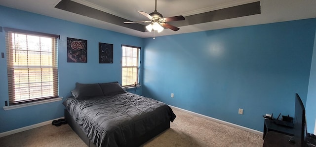 bedroom with a raised ceiling, carpet flooring, and multiple windows