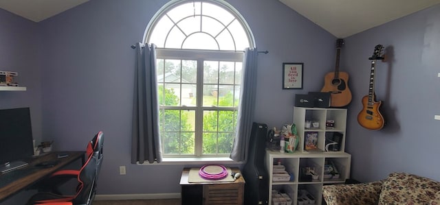 office area featuring vaulted ceiling