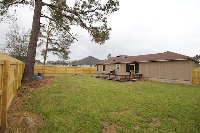 view of yard with a deck and a fenced backyard