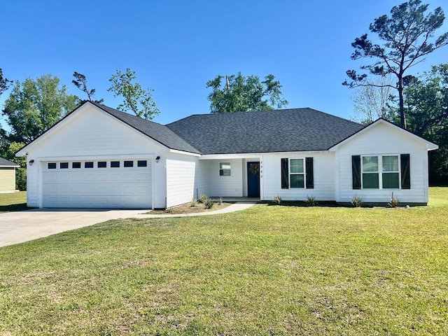 single story home with an attached garage, driveway, roof with shingles, and a front lawn