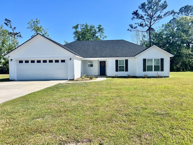 ranch-style home featuring an attached garage, a shingled roof, a front lawn, and driveway
