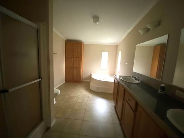 full bathroom featuring ornamental molding, vanity, plus walk in shower, tile patterned flooring, and toilet