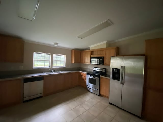 kitchen with crown molding, sink, stainless steel appliances, and vaulted ceiling