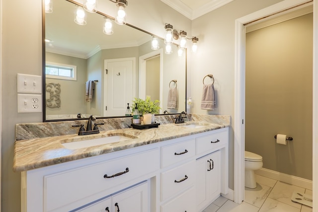 full bath featuring ornamental molding, toilet, baseboards, and a sink