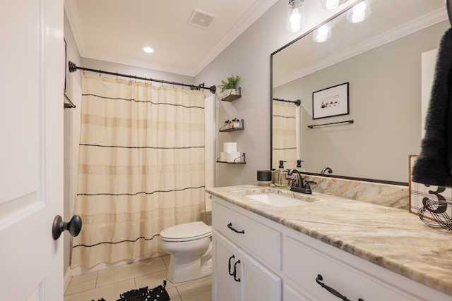 bathroom with visible vents, vanity, crown molding, and toilet